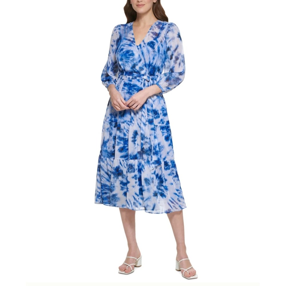 NEW Calvin Klein Women's Tie‎ Dye Metallic Tiered Midi Dress Blue Size 4